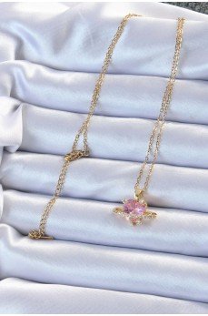 316L Çelik Zincir Altın Renk Pembe Zirkon Taşlı Satürn Görünümlü Kalp Kolye