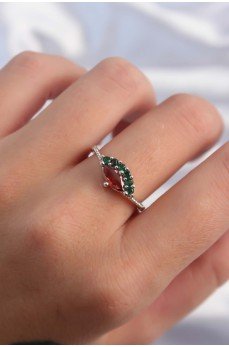 Pirinç Gümüş Renk Renkli Zirkon Taşlı Ayarlanabilir Karpuz Model Yüzük