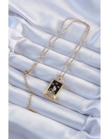 316L Çelik Zincir Altın Renk Zirkon Taşlı Siyah Mineli Kız Figürlü Tarot Kolye