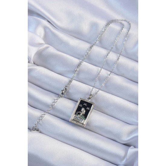 316L Çelik Zincir Gümüş Renk Zirkon Taşlı Siyah Mineli Kız Figürlü Tarot Kolye 316L Çelik Zincir Gümüş Renk Zirkon Taşlı Siyah Mineli Kız Figürlü Tarot Kolye