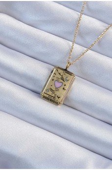 316L Çelik Zincir Eskitme Altın Renk Pembe Mineli Kalp Figürlü Tarot Kolye