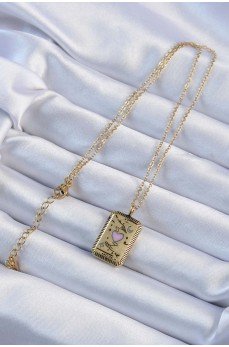 316L Çelik Zincir Eskitme Altın Renk Pembe Mineli Kalp Figürlü Tarot Kolye