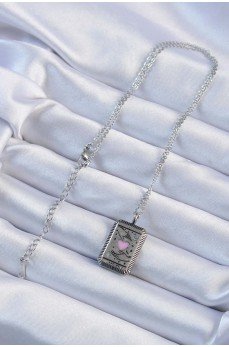 316L Çelik Zincir Eskitme Gümüş Renk Pembe Mineli Kalp Figürlü Tarot Kolye