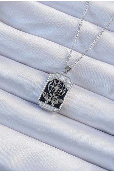 316L Çelik Zincir Gümüş Renk İşlemeli Siyah Mineli Tarot Kolye
