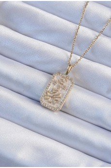 316L Çelik Zincir Altın Renk Zirkon Taşlı Çerçeveli Tarot Kolye