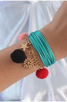 Turkuaz Renk Kar Tanesi Figür Zincir Detay İpli Çoklu Bileklik