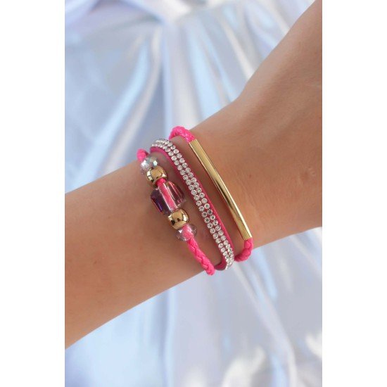 Pembe Renk Zirkon Taşlı Deri Çoklu Bileklik Pembe Renk Zirkon Taşlı Deri Çoklu Bileklik