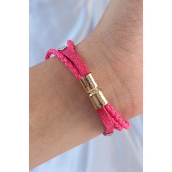 Pembe Renk Zirkon Taşlı Deri Çoklu Bileklik Pembe Renk Zirkon Taşlı Deri Çoklu Bileklik