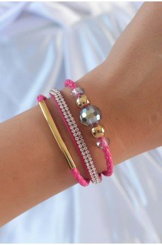 Pembe Renk Zirkon Taşlı Deri Çoklu Bileklik