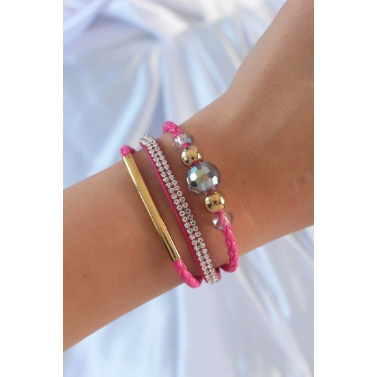 Pembe Renk Zirkon Taşlı Deri Çoklu Bileklik Pembe Renk Zirkon Taşlı Deri Çoklu Bileklik