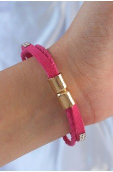 Pembe Renk Zirkon Taşlı Deri Çoklu Bileklik