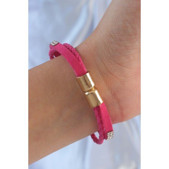 Pembe Renk Zirkon Taşlı Deri Çoklu Bileklik Pembe Renk Zirkon Taşlı Deri Çoklu Bileklik