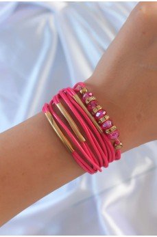 Pembe Renk Zirkon Taşlı Metal Aksesuarlı İpli Çoklu Bileklik
