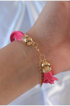 Pembe Renk Zirkon Taşlı Metal Aksesuarlı İpli Çoklu Bileklik