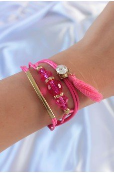 Pembe Zirkon Taşlı İpli Püskül Detay Çoklu Bileklik