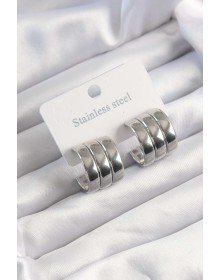 316L Çelik Gümüş Renk 3lü Görünüm Bombe Model Yarım Halka Küpe