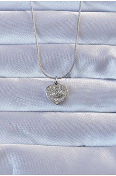 316L Gümüş Renk Zirkon Taşlı İşlemeli Göz Detay Kalp Kolye