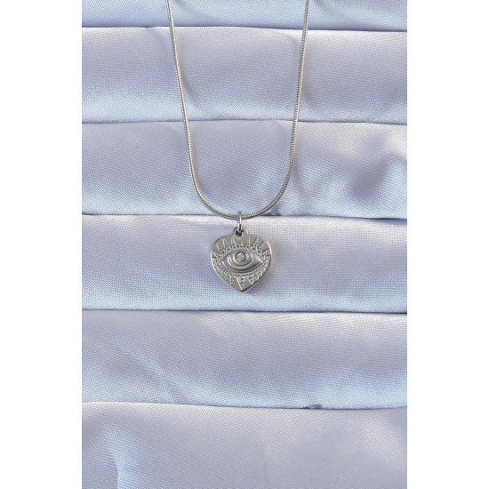 316L Gümüş Renk Zirkon Taşlı İşlemeli Göz Detay Kalp Kolye 316L Gümüş Renk Zirkon Taşlı İşlemeli Göz Detay Kalp Kolye