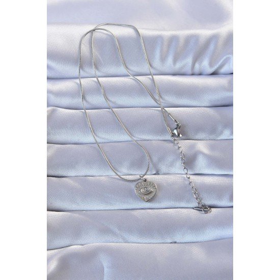 316L Gümüş Renk Zirkon Taşlı İşlemeli Göz Detay Kalp Kolye 316L Gümüş Renk Zirkon Taşlı İşlemeli Göz Detay Kalp Kolye