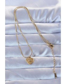 316L Altın Renk Zirkon Taşlı İşlemeli Göz Detay Kalp Kolye