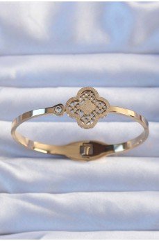 316L Çelik Altın Renk Zirkon Taşlı Simli Yonca Kelepçe