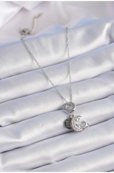 316L Çelik Gümüş Renk Zirkon Taşlı Ay Yıldız  Figür Charm Model Kadın Kolye