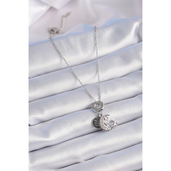 316L Çelik Gümüş Renk Zirkon Taşlı Ay Yıldız Figür Charm Model Kadın Kolye 316L Çelik Gümüş Renk Zirkon Taşlı Ay Yıldız Figür Charm Model Kadın Kolye