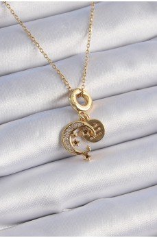316L Çelik Gold Renk Zirkon Taşlı Ay Yıldız  Model Charm Model Kadın Kolye