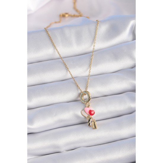 316L Çelik Gold Renk Renkli Kalp Figür Charm Model Kadın Kolye 316L Çelik Gold Renk Renkli Kalp Figür Charm Model Kadın Kolye