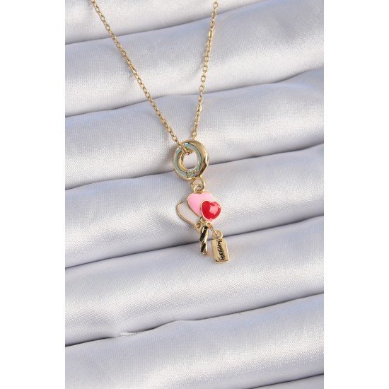 316L Çelik Gold Renk Renkli Kalp Figür Charm Model Kadın Kolye 316L Çelik Gold Renk Renkli Kalp Figür Charm Model Kadın Kolye