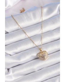 316L Çelik Gold Renk Zirkon Taşlı Kalp Model Vintage Kadın Kolye