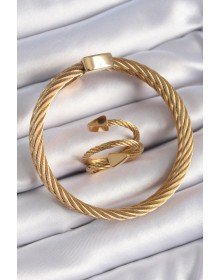 316L Çelik Gold Renk Sarmal Model Erkek Bileklik Yüzük Kombini
