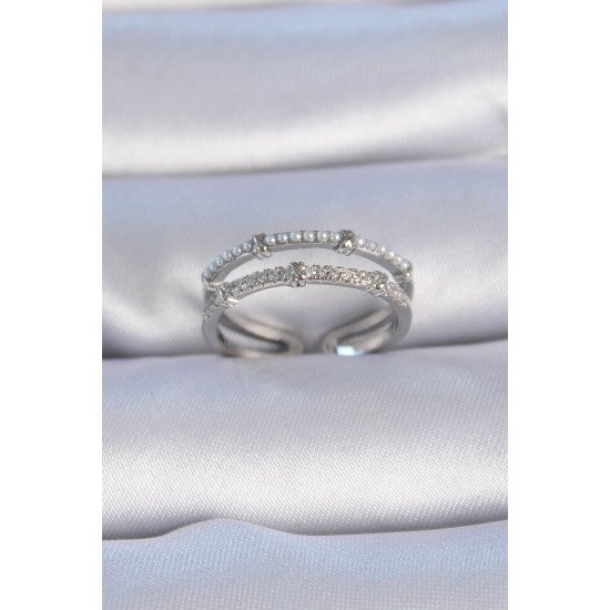 Pirinç Gümüş Renk Zirkon Taşlı İnci Detay Kadın Yüzük Pirinç Gümüş Renk Zirkon Taşlı İnci Detay Kadın Yüzük