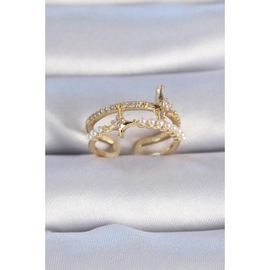 Pirinç Gold Renk Zirkon Taşlı İnci Detay Kutup Yıldızı Model Kadın Yüzük Pirinç Gold Renk Zirkon Taşlı İnci Detay Kutup Yıldızı Model Kadın Yüzük