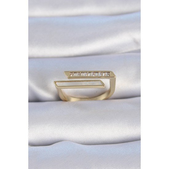 Pirinç Gold Renk Zirkon Taşlı Beyaz Sedef Detay Kadın Yüzük Pirinç Gold Renk Zirkon Taşlı Beyaz Sedef Detay Kadın Yüzük