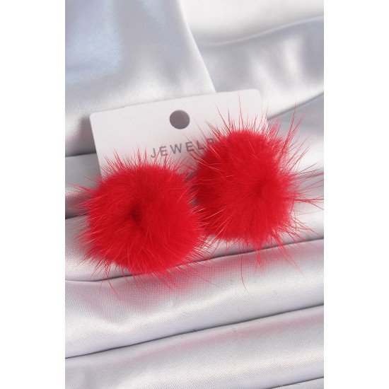 Kırmızı Tüylü Ponpon Model Kadın Küpe Kırmızı Tüylü Ponpon Model Kadın Küpe