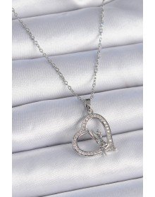316L Çelik Zincir Gümüş Renk Zirkon Taşlı Kalp Model Melek Detay Kadın Kolye