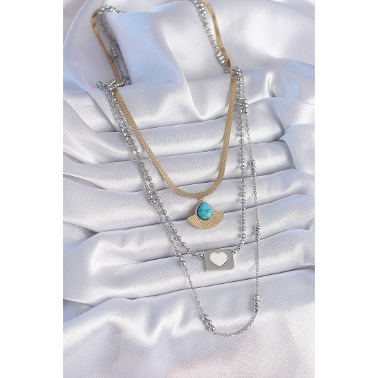 316L Çelik Mix Renk 3'lü Zincir Damla Madalyon Figür Uzun Kadın Kolye