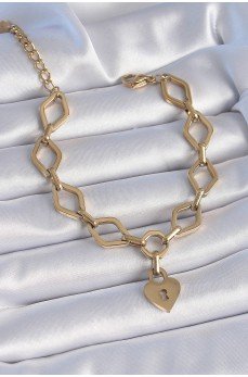 316L Çelik Gold Renk Zincir Model Kilit Kalp Figür Kadın Bileklik