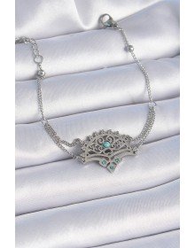 316L Çelik Gümüş Renk Mavi Taşlı Etnik Desen Kadın Bileklik