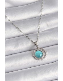 316L Çelik Gümüş Renk Mavi Sedefli Hilal Model Kadın Kolye