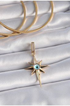 Pirinç Gold Renk Zirkon Taşlı Kutup Yıldızı Nazar Boncuk Detay Ajda Charm