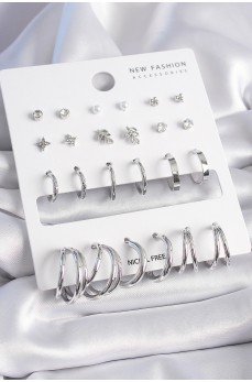 Pirinç Gümüş Renk Zirkon Taşlı 12 Çift Küpe Seti