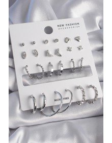 Pirinç Gümüş Renk 12 Çift Kadın Küpe Seti