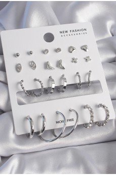 Pirinç Gümüş Renk 12 Çift Kadın Küpe Seti