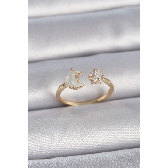 Pirinç Gold Renk İncili Hilal Zirkon Taşlı Yıldız Ayarlanabilir Model Kadın Yüzük Pirinç Gold Renk İncili Hilal Zirkon Taşlı Yıldız Ayarlanabilir Model Kadın Yüzük