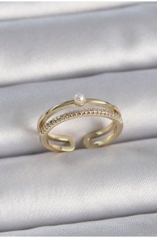 Pirinç Gold Renk Zirkon Taşlı İnci Detay Ayarlanabilir Model Kadın Yüzük