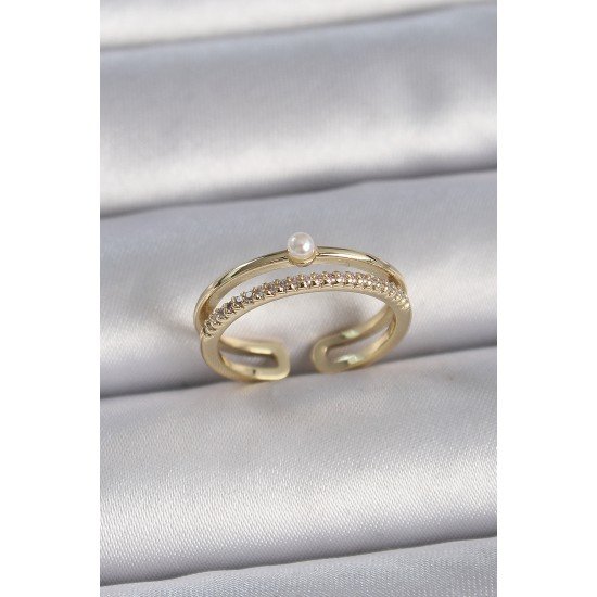 Pirinç Gold Renk Zirkon Taşlı İnci Detay Ayarlanabilir Model Kadın Yüzük Pirinç Gold Renk Zirkon Taşlı İnci Detay Ayarlanabilir Model Kadın Yüzük