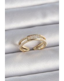 Pirinç Gold Renk Ayarlanabilir Sıralı İncili Zirkon Taş Detaylı Kadın Yüzük