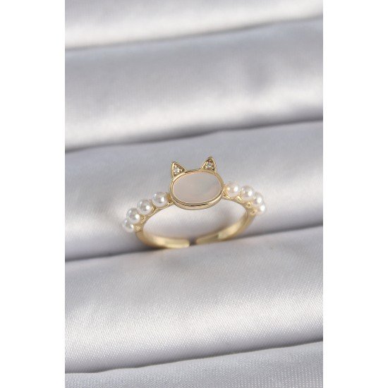 Pirinç Gold Renk Ayarlanabilir Beyaz Mineli Kedi Model İnci Detay Kadın Yüzük